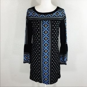Loft black blue print bell sleeve shift dress